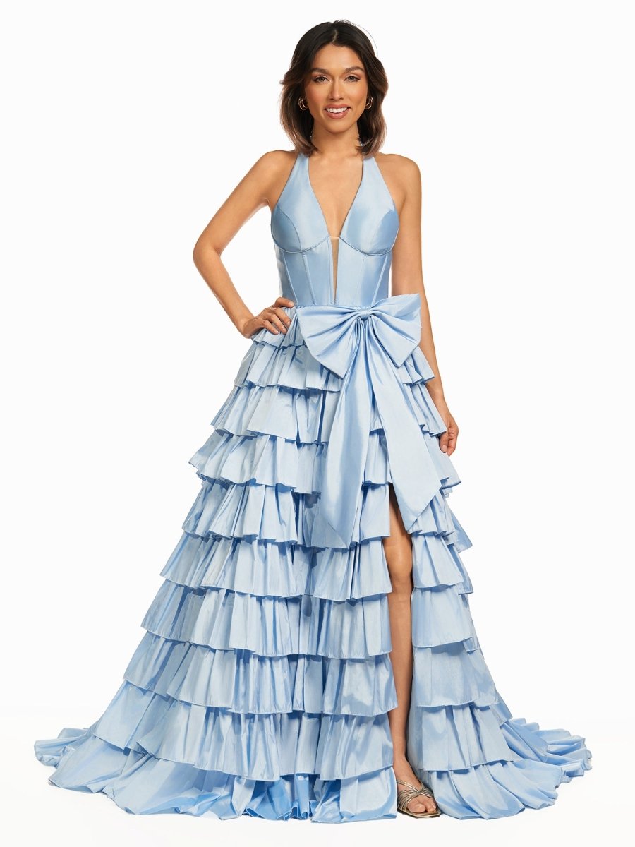 Iridium | Halter A - Line Blue Satin Long Ruffled Prom Dress With Slit - KissProm