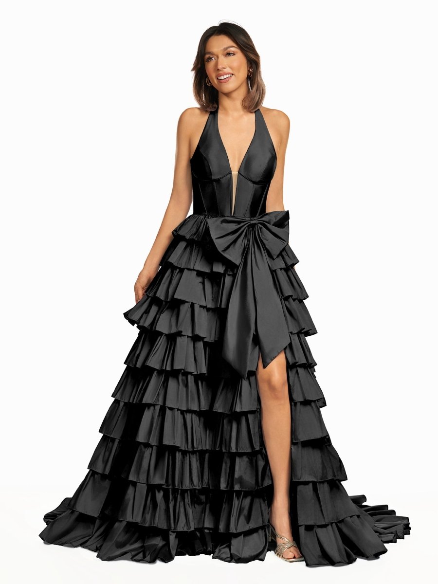 Iridium | Halter A - Line Blue Satin Long Ruffled Prom Dress With Slit - KissProm