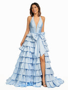 Iridium | Halter A - Line Blue Satin Long Ruffled Prom Dress With Slit - KissProm