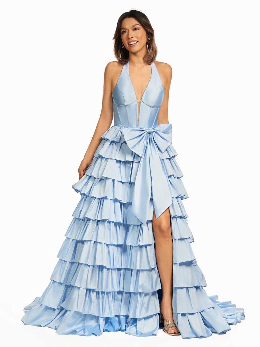 Iridium | Halter A - Line Blue Satin Long Ruffled Prom Dress With Slit - KissProm