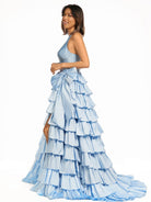 Iridium | Halter A - Line Blue Satin Long Ruffled Prom Dress With Slit - KissProm