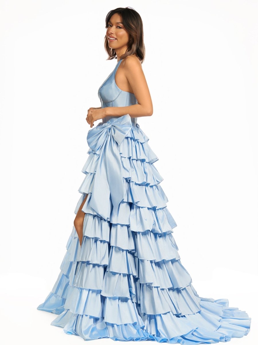 Iridium | Halter A - Line Blue Satin Long Ruffled Prom Dress With Slit - KissProm
