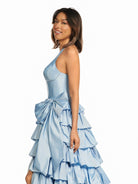 Iridium | Halter A - Line Blue Satin Long Ruffled Prom Dress With Slit - KissProm