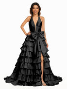 Iridium | Halter A - Line Blue Satin Long Ruffled Prom Dress With Slit - KissProm