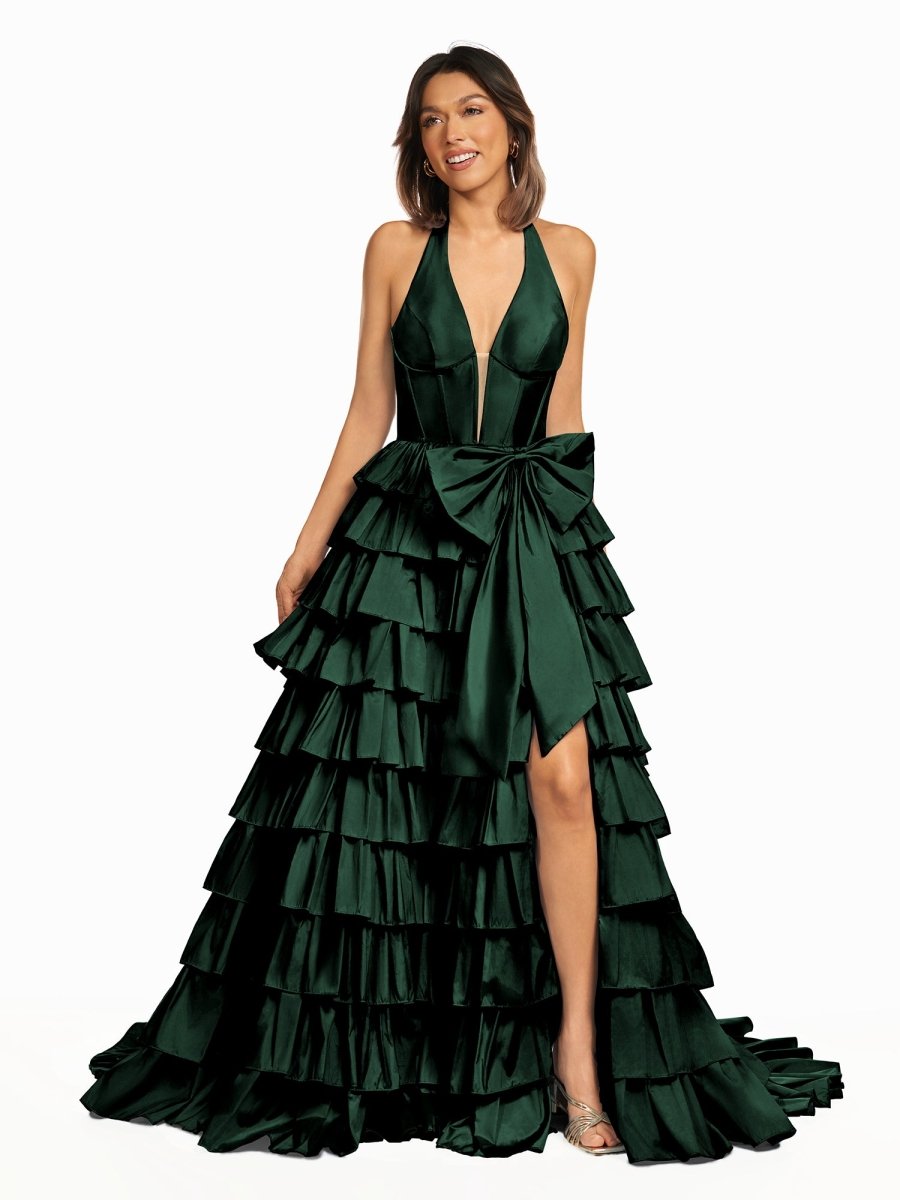 Iridium | Halter A - Line Blue Satin Long Ruffled Prom Dress With Slit - KissProm