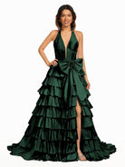 Iridium | Halter A - Line Blue Satin Long Ruffled Prom Dress With Slit - KissProm