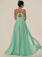 KissDress-Irissa Pale Pistachio A Line Chiffon V Neck Pleated Long Bridesmaid Dress with Slit
