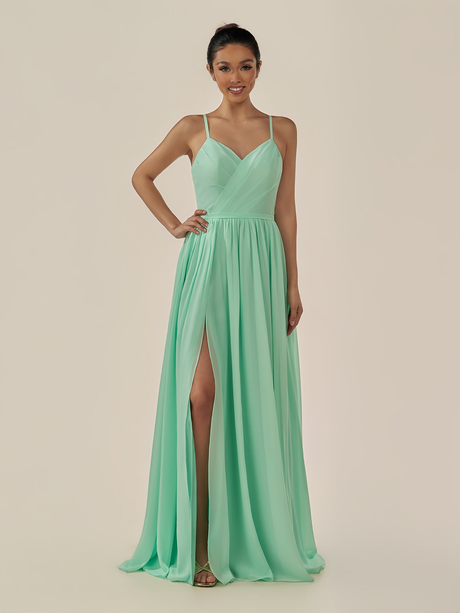 KissDress-Irissa Pale Pistachio A Line Chiffon V Neck Pleated Long Bridesmaid Dress with Slit
