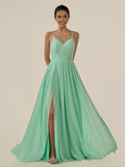 KissDress-Irissa Pale Pistachio A Line Chiffon V Neck Pleated Long Bridesmaid Dress with Slit