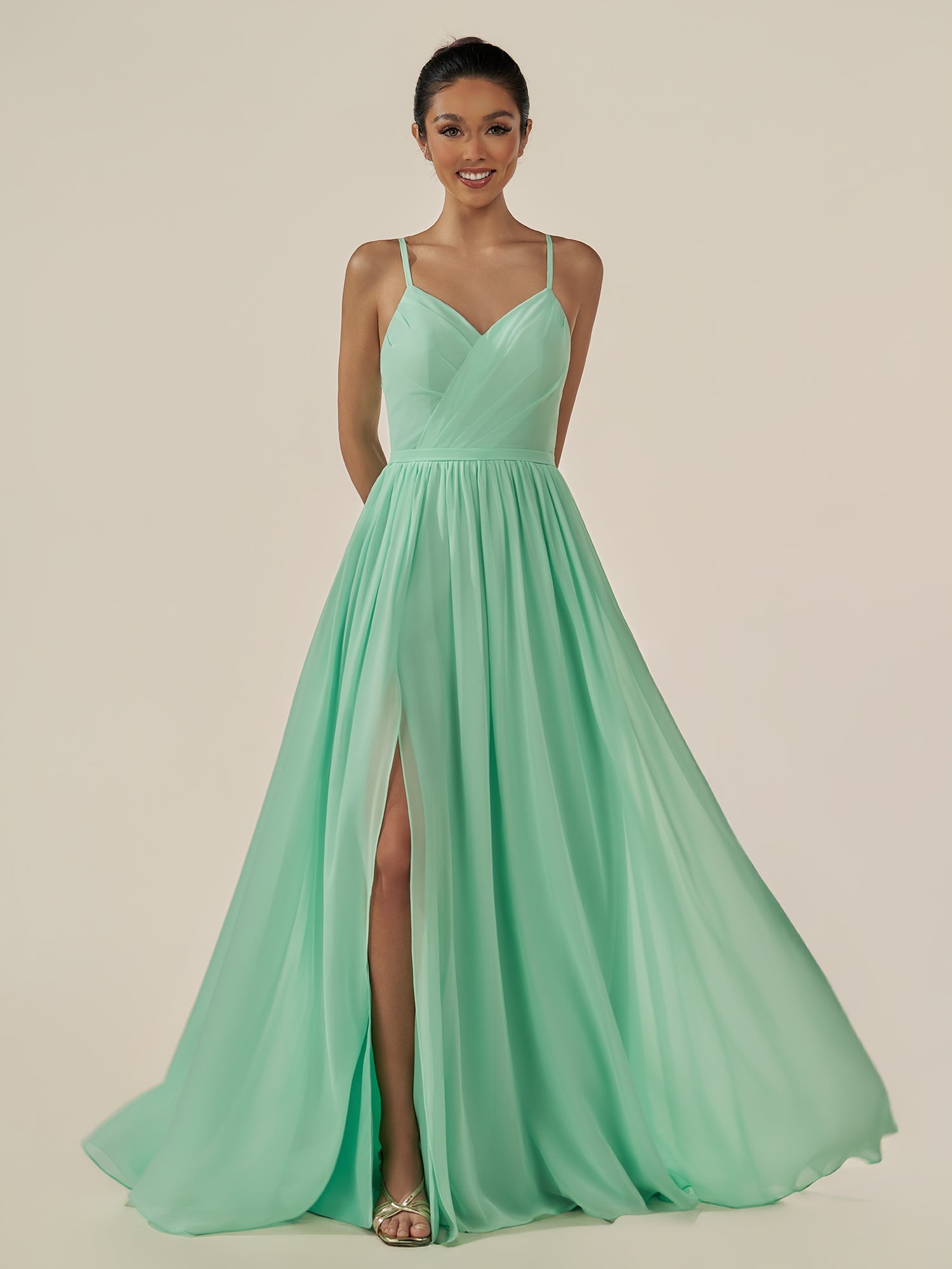 KissDress-Irissa Pale Pistachio A Line Chiffon V Neck Pleated Long Bridesmaid Dress with Slit