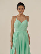KissDress-Irissa Pale Pistachio A Line Chiffon V Neck Pleated Long Bridesmaid Dress with Slit