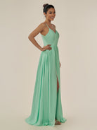 KissDress-Irissa Pale Pistachio A Line Chiffon V Neck Pleated Long Bridesmaid Dress with Slit