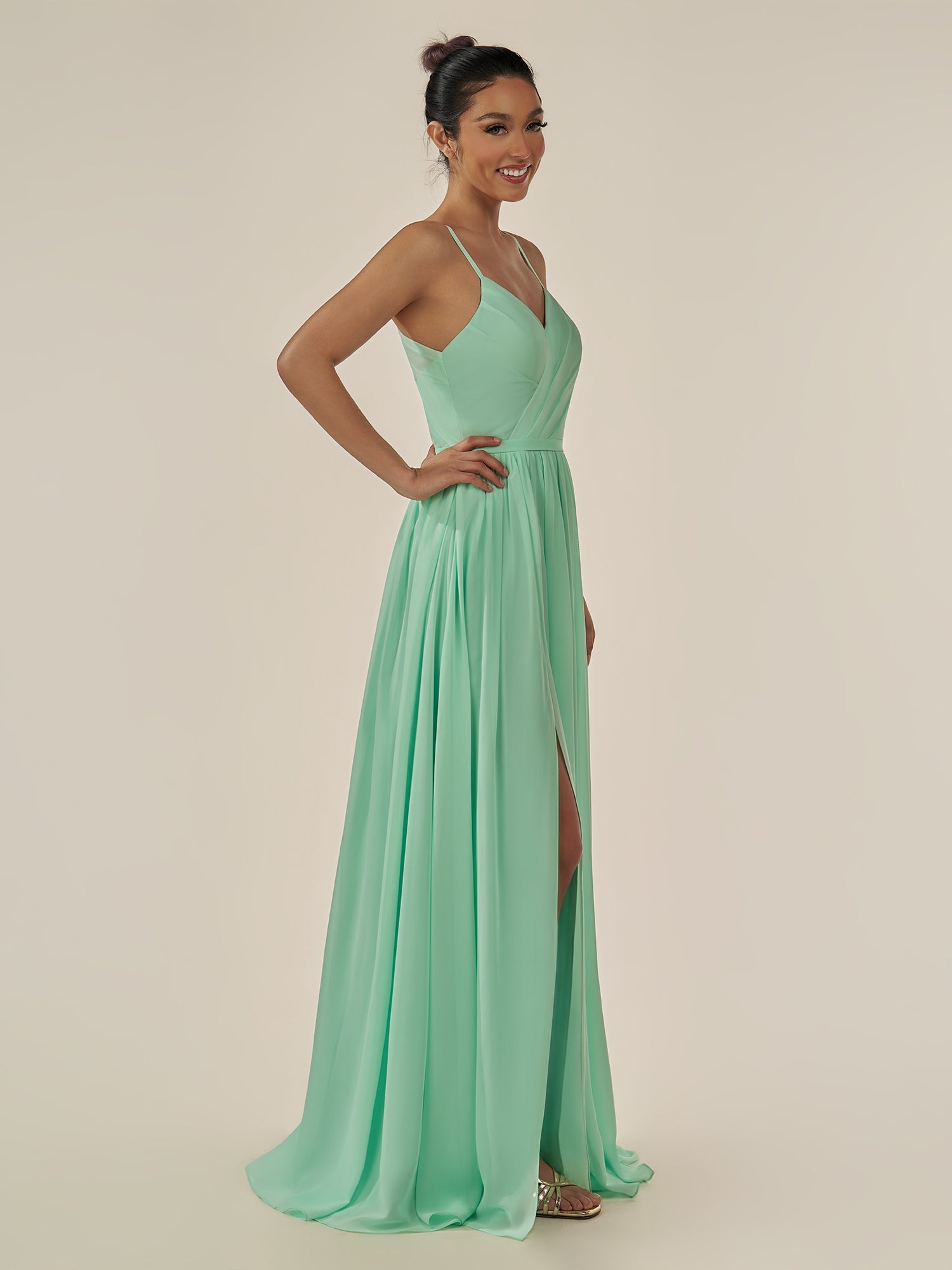 KissDress-Irissa Pale Pistachio A Line Chiffon V Neck Pleated Long Bridesmaid Dress with Slit
