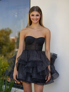 Ishea | A - Line Tulle Black Short Homecoming Dress with Ruffles - KissProm