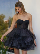 Ishea | A - Line Tulle Black Short Homecoming Dress with Ruffles - KissProm
