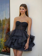 Ishea | A - Line Tulle Black Short Homecoming Dress with Ruffles - KissProm