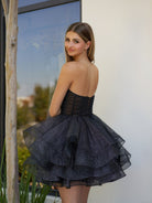 Ishea | A - Line Tulle Black Short Homecoming Dress with Ruffles - KissProm