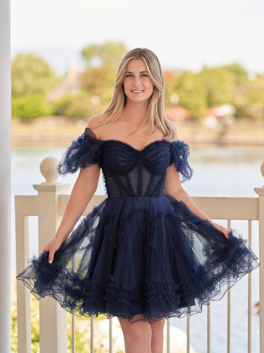 Naomi | A Line Sweetheart Puff Sleeves Short Homecoming Dress With Ruffles - KissProm