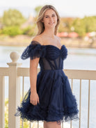 Naomi | A Line Sweetheart Puff Sleeves Short Homecoming Dress With Ruffles - KissProm
