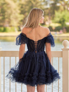 Naomi | A Line Sweetheart Puff Sleeves Short Homecoming Dress With Ruffles - KissProm