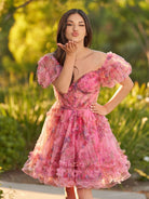 Ivana | A Line Off the Shoulder Printed Tulle Short Homecoming Dress - KissProm