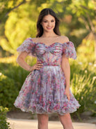 Ivana | A Line Off the Shoulder Printed Tulle Short Homecoming Dress - KissProm