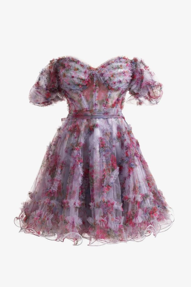 Ivana | Light Purple A Line Off the Shoulder Printed Homecoming Dress - KissProm