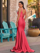 Ixia | V Neck Pink Satin Mermaid Sleeveless Long Prom Dress - KissProm