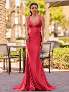 Ixia | V Neck Pink Satin Mermaid Sleeveless Long Prom Dress - KissProm