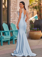 Ixia | V Neck Pink Satin Mermaid Sleeveless Long Prom Dress - KissProm