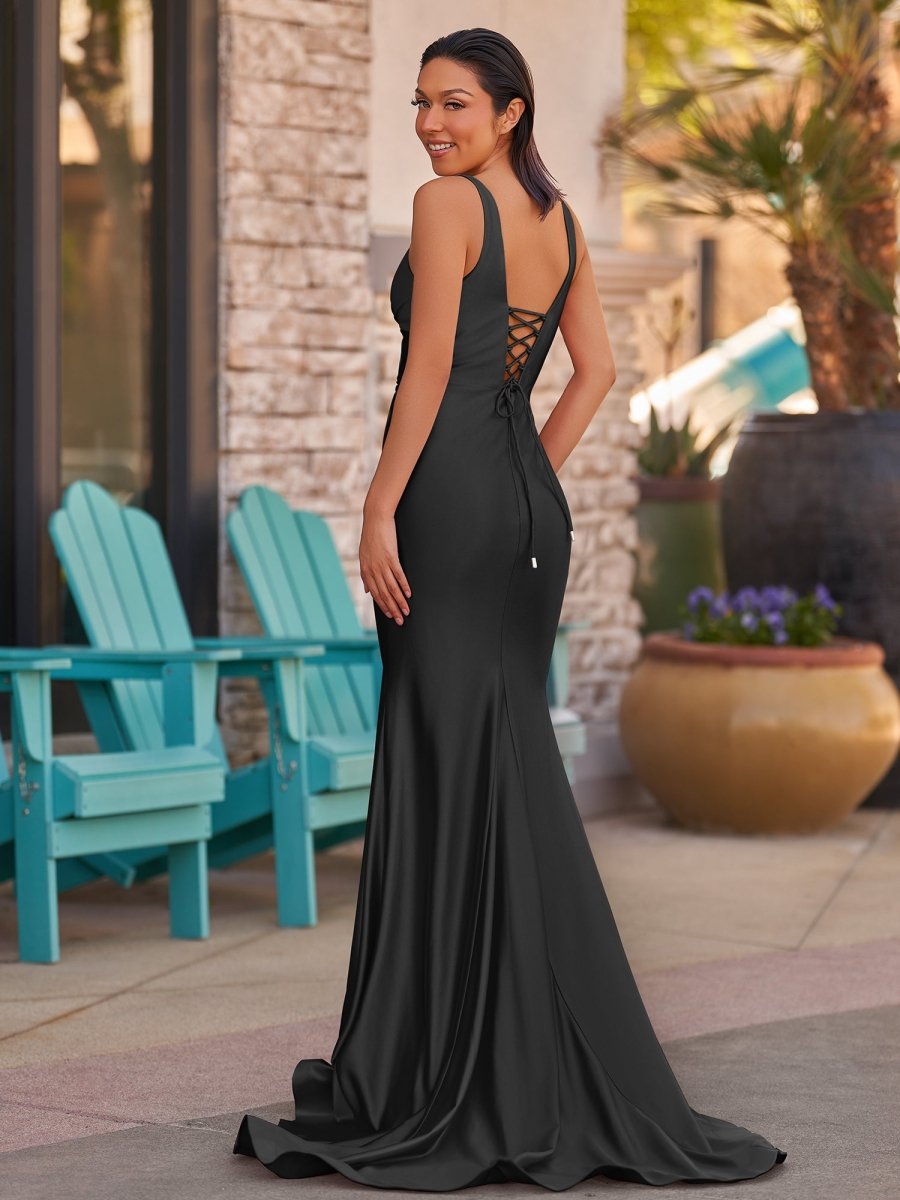 Ixia | V Neck Pink Satin Mermaid Sleeveless Long Prom Dress - KissProm
