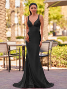 Ixia | V Neck Pink Satin Mermaid Sleeveless Long Prom Dress - KissProm