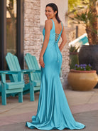 Ixia | V Neck Pink Satin Mermaid Sleeveless Long Prom Dress - KissProm
