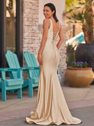 Ixia | V Neck Pink Satin Mermaid Sleeveless Long Prom Dress - KissProm