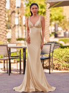 Ixia | V Neck Pink Satin Mermaid Sleeveless Long Prom Dress - KissProm