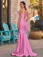 Ixia | V Neck Pink Satin Mermaid Sleeveless Long Prom Dress - KissProm