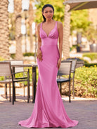 Ixia | V Neck Pink Satin Mermaid Sleeveless Long Prom Dress - KissProm