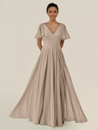 KissDress-Jania Almond A Line Chiffon V Neck Long Bridesmaid Dress with Flutter Sleeves