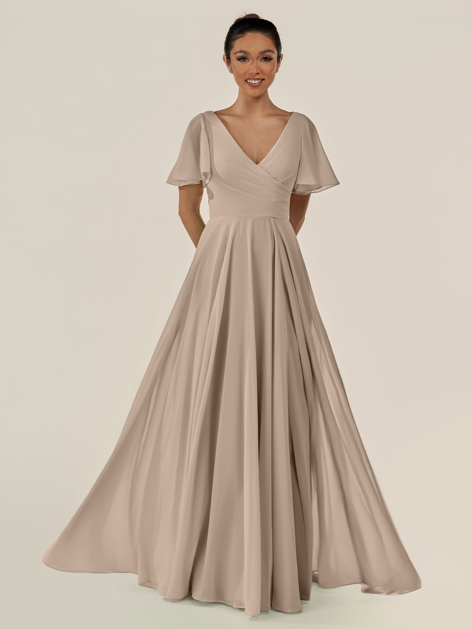 KissDress-Jania Almond A Line Chiffon V Neck Long Bridesmaid Dress with Flutter Sleeves