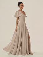 KissDress-Jania Almond A Line Chiffon V Neck Long Bridesmaid Dress with Flutter Sleeves