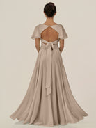 KissDress-Jania Almond A Line Chiffon V Neck Long Bridesmaid Dress with Flutter Sleeves