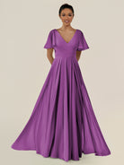 KissDress-Jania Amethyst A Line Chiffon V Neck Long Bridesmaid Dress with Flutter Sleeves