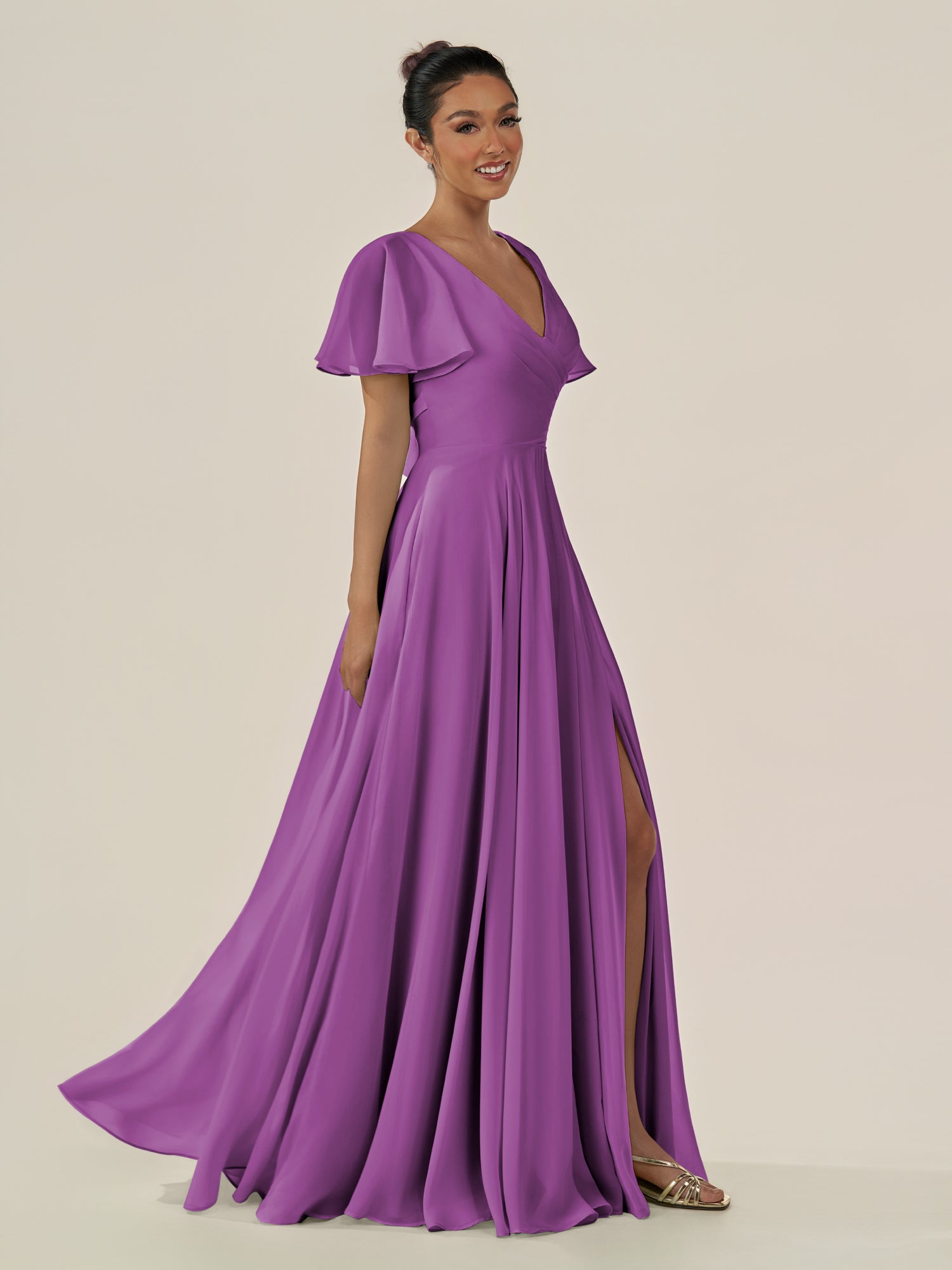KissDress-Jania Amethyst A Line Chiffon V Neck Long Bridesmaid Dress with Flutter Sleeves