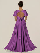 KissDress-Jania Amethyst A Line Chiffon V Neck Long Bridesmaid Dress with Flutter Sleeves