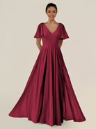 KissDress-Jania Berry A Line Chiffon V Neck Long Bridesmaid Dress with Flutter Sleeves