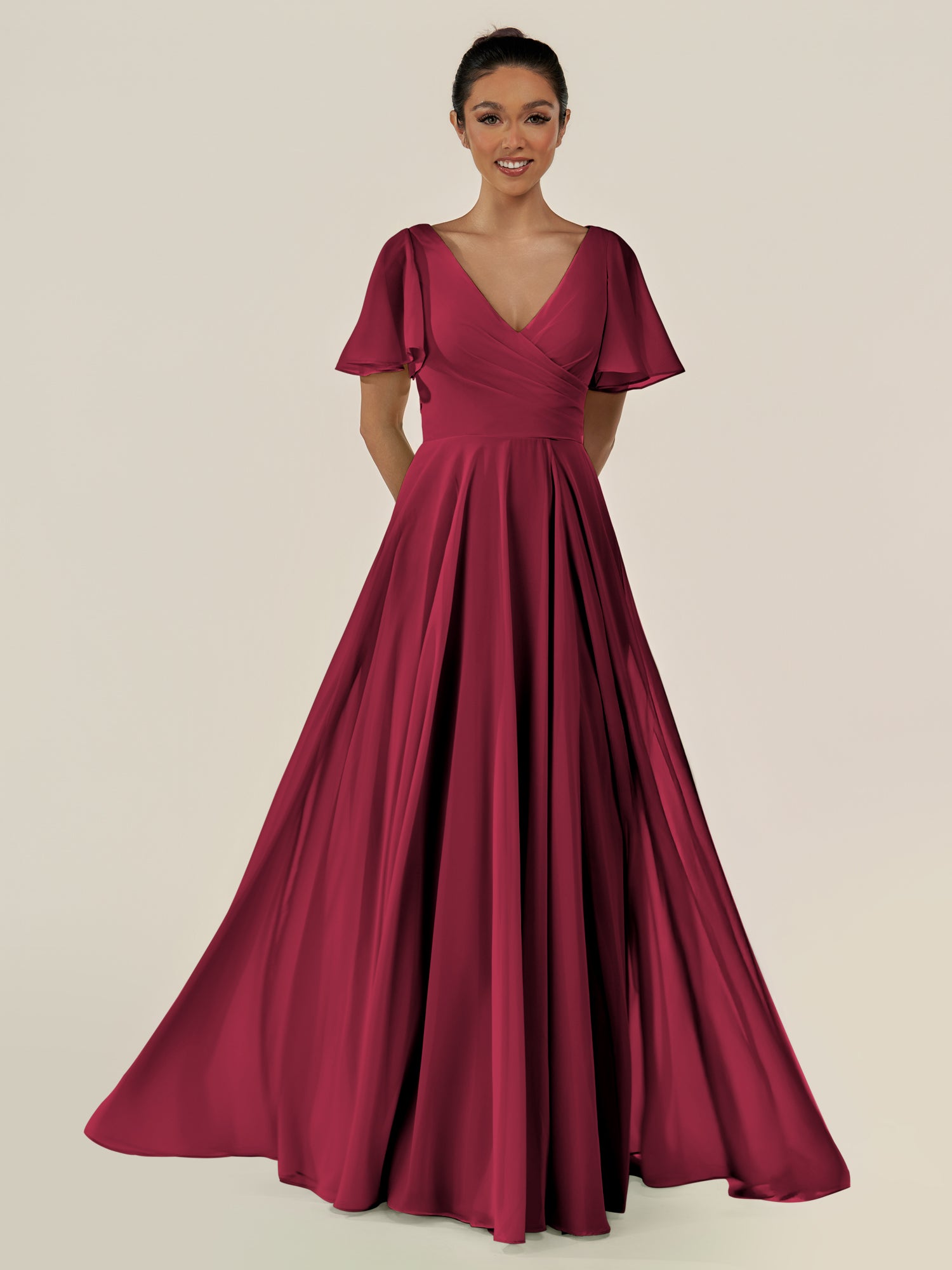 KissDress-Jania Berry A Line Chiffon V Neck Long Bridesmaid Dress with Flutter Sleeves