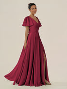 KissDress-Jania Berry A Line Chiffon V Neck Long Bridesmaid Dress with Flutter Sleeves