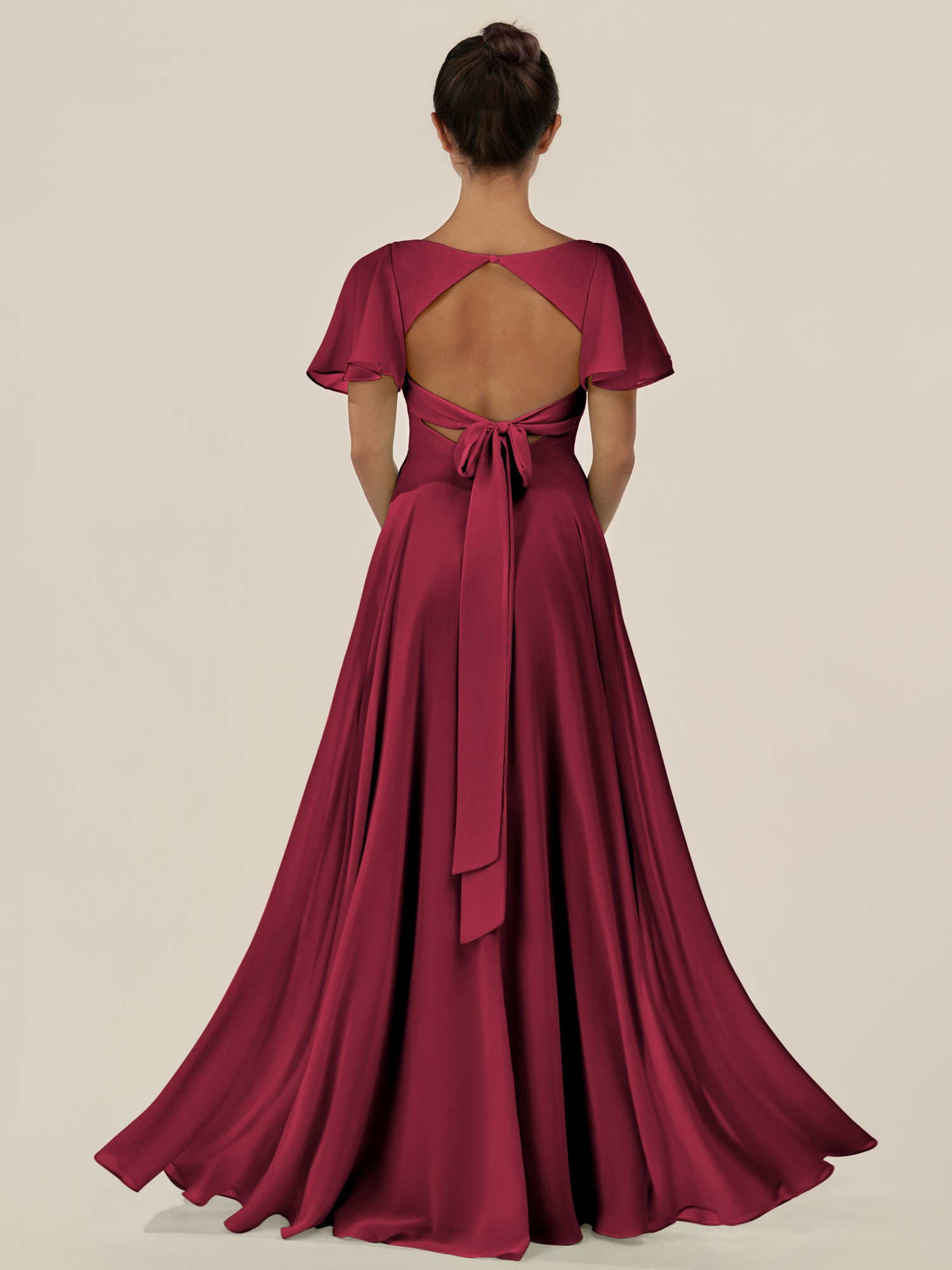 KissDress-Jania Berry A Line Chiffon V Neck Long Bridesmaid Dress with Flutter Sleeves