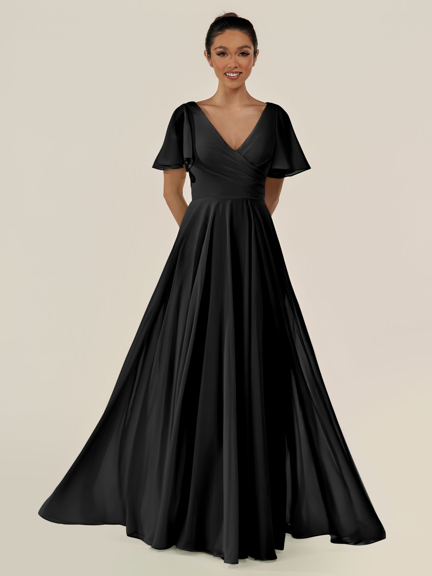 KissDress-Jania Black A Line Chiffon V Neck Long Bridesmaid Dress with Flutter Sleeves