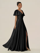 KissDress-Jania Black A Line Chiffon V Neck Long Bridesmaid Dress with Flutter Sleeves